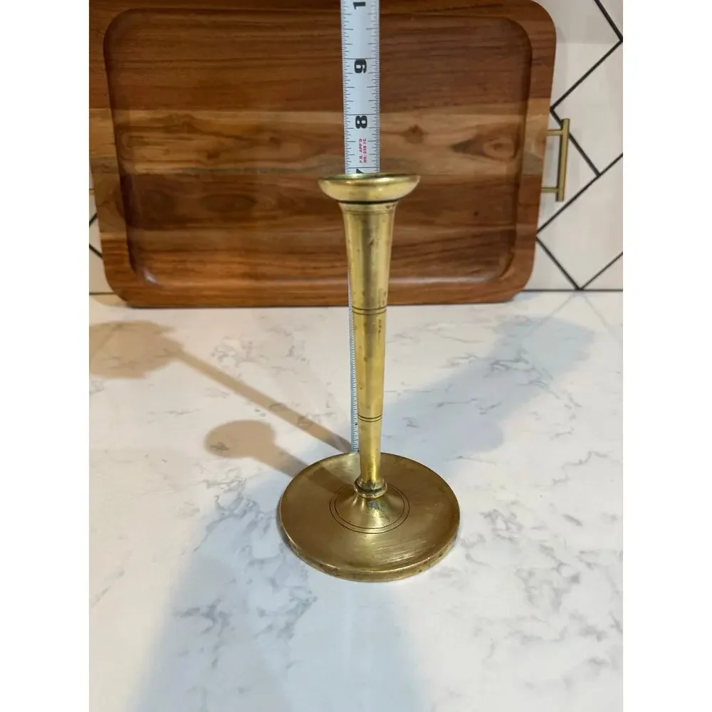 antique vintage brass candlestick holder classic turned, tapered stem wide base